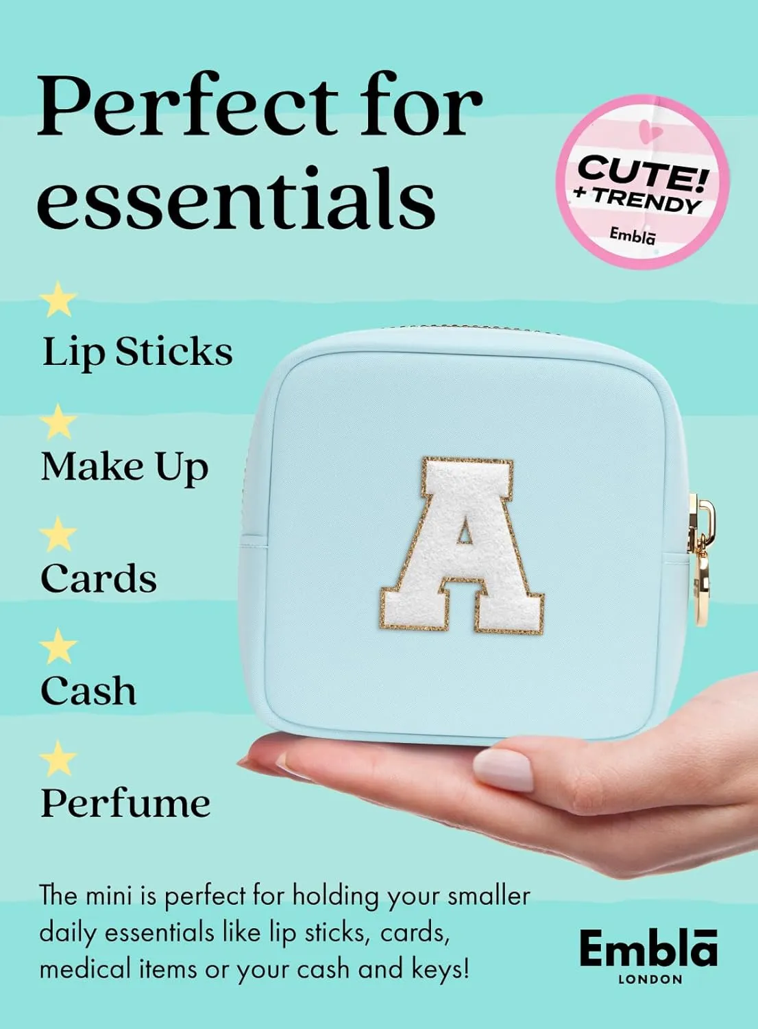 Embla Preppy Makeup Bag Travel Cosmetic Pouch, Cute Make up Case with Personalized Initial, Girls Zipper Pouch Purse Cosmetics Organizer Tote, Waterproof Travel Skincare Makeup Bag, Sky (Letter A)