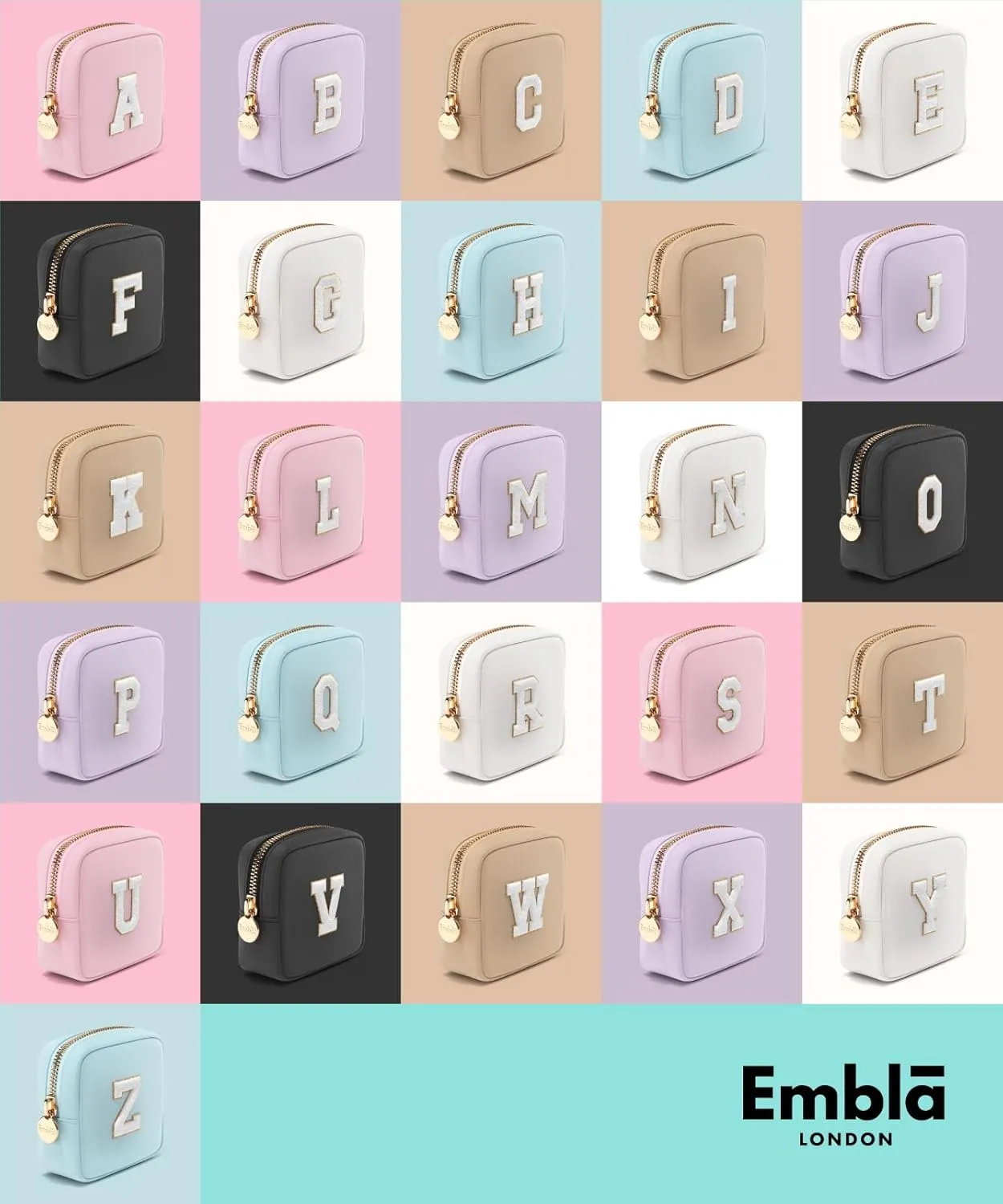 Embla Preppy Makeup Bag Travel Cosmetic Pouch, Cute Make up Case with Personalized Initial, Girls Zipper Pouch Purse Cosmetics Organizer Tote, Waterproof Travel Skincare Makeup Bag, Sky (Letter A)