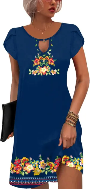 ETCYY NEW 2024 Petal Short Sleeve Summer Dresses for Women Boho Floral Print Sundresses Swing Beach Dress