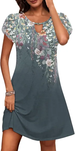 ETCYY NEW 2024 Petal Short Sleeve Summer Dresses for Women Boho Floral Print Sundresses Swing Beach Dress