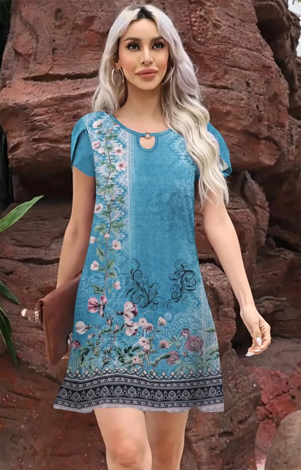 ETCYY NEW 2024 Petal Short Sleeve Summer Dresses for Women Boho Floral Print Sundresses Swing Beach Dress