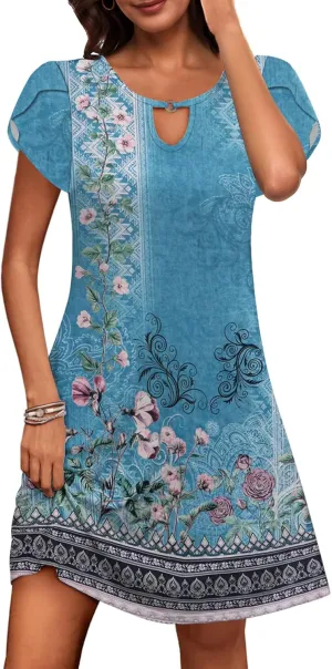 ETCYY NEW 2024 Petal Short Sleeve Summer Dresses for Women Boho Floral Print Sundresses Swing Beach Dress