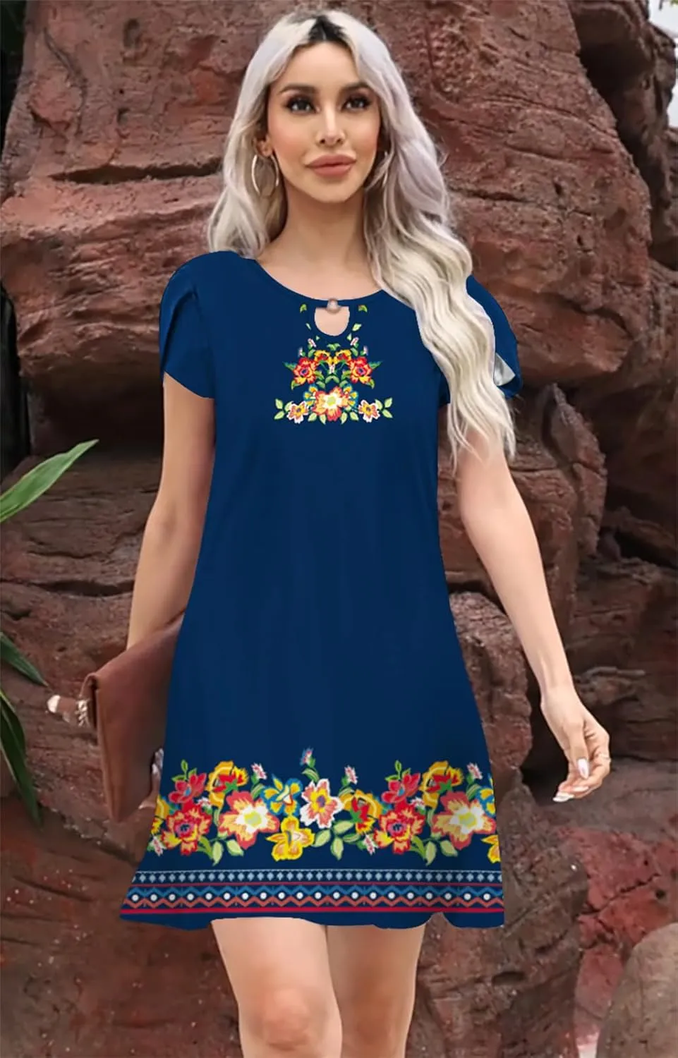 ETCYY NEW 2024 Petal Short Sleeve Summer Dresses for Women Boho Floral Print Sundresses Swing Beach Dress