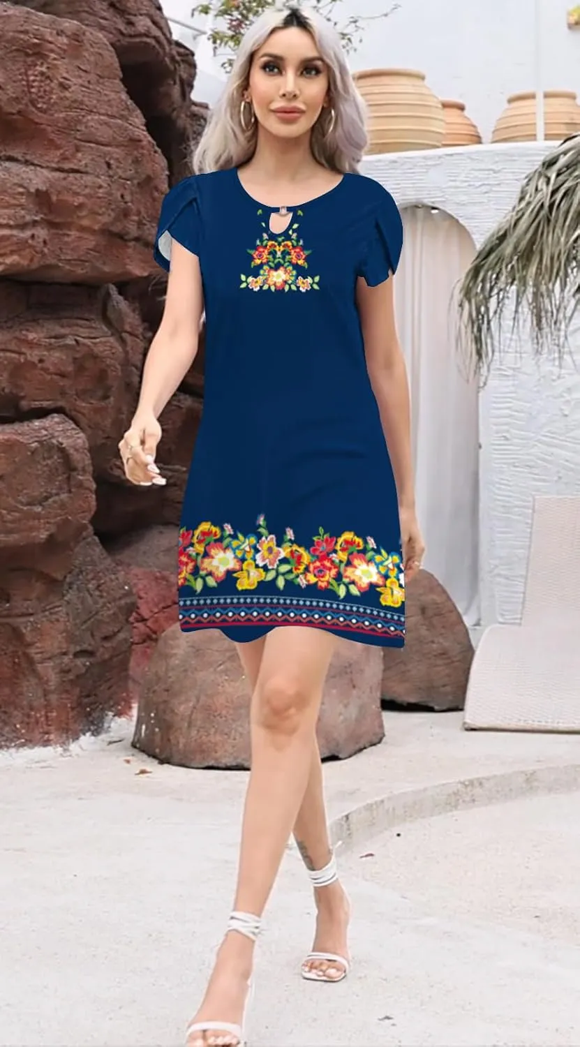 ETCYY NEW 2024 Petal Short Sleeve Summer Dresses for Women Boho Floral Print Sundresses Swing Beach Dress