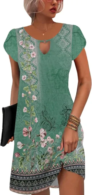 ETCYY NEW 2024 Petal Short Sleeve Summer Dresses for Women Boho Floral Print Sundresses Swing Beach Dress