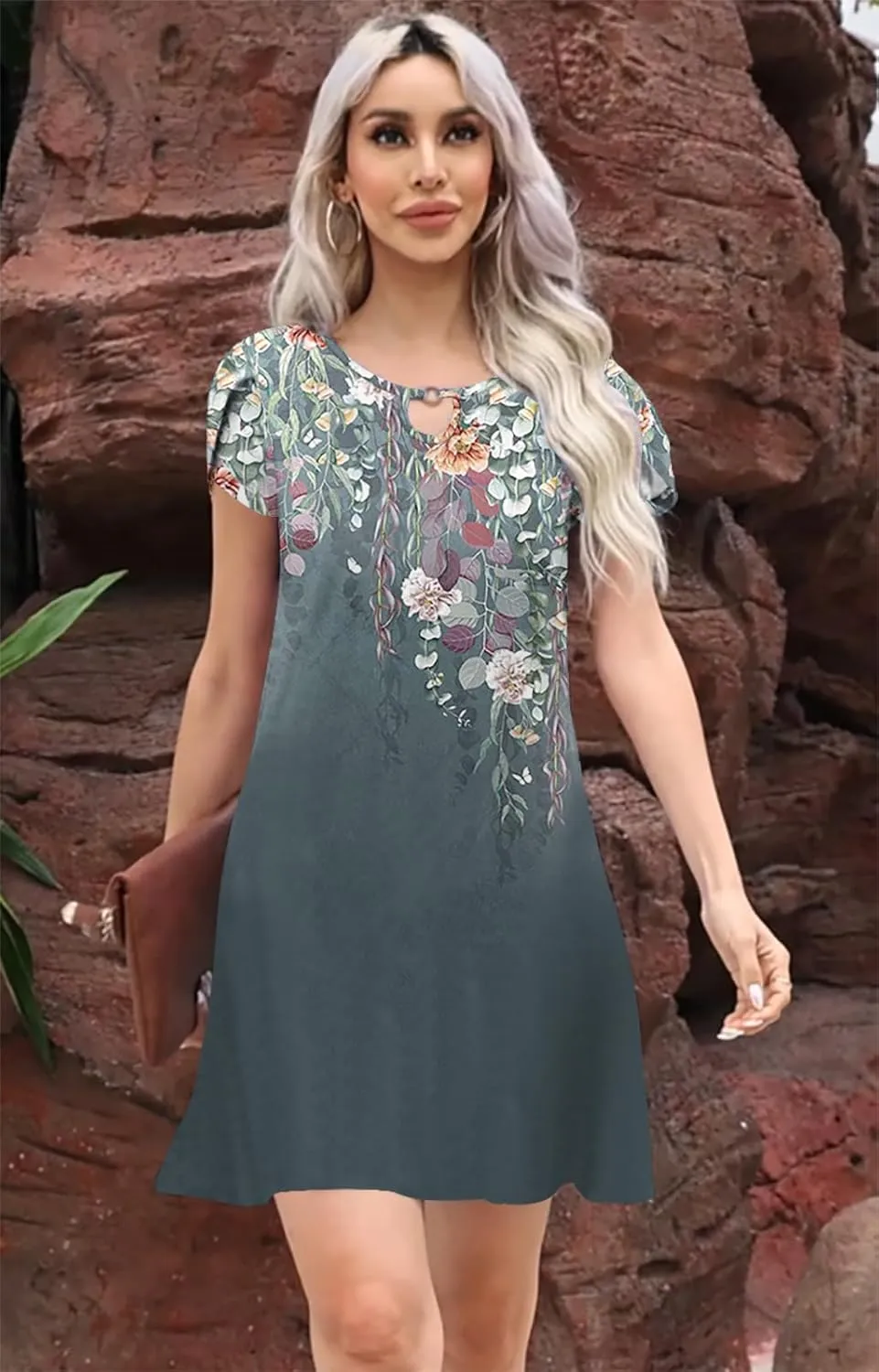 ETCYY NEW 2024 Petal Short Sleeve Summer Dresses for Women Boho Floral Print Sundresses Swing Beach Dress