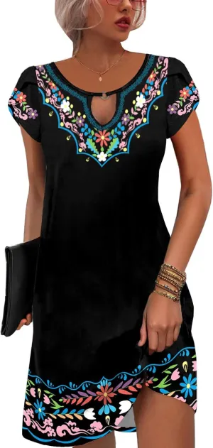 ETCYY NEW 2024 Petal Short Sleeve Summer Dresses for Women Boho Floral Print Sundresses Swing Beach Dress