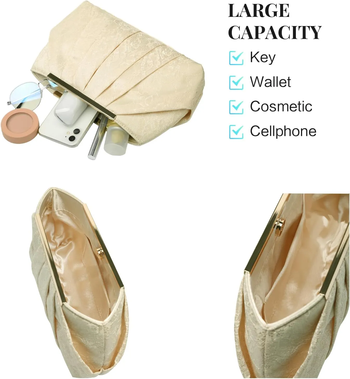 Evening Clutch Purse Bag, Fashion Bridal Bag in Pleated Satin with Chain Strap for Wedding Prom Formal Party