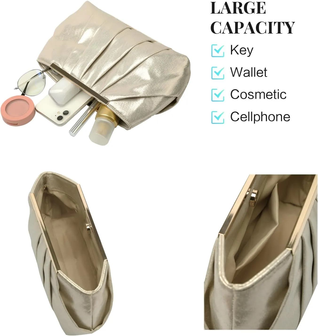 Evening Clutch Purse Bag, Fashion Bridal Bag in Pleated Satin with Chain Strap for Wedding Prom Formal Party