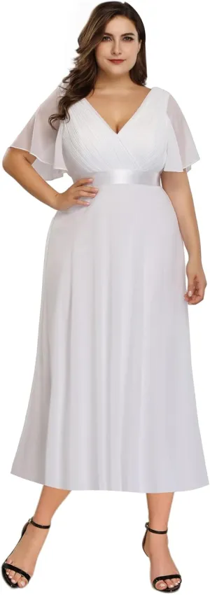 Ever-Pretty Plus Women's Summer V Neck Short Sleeves Formal Chiffon Pleated A Line Plus Size Midi Wedding Guest Dresses