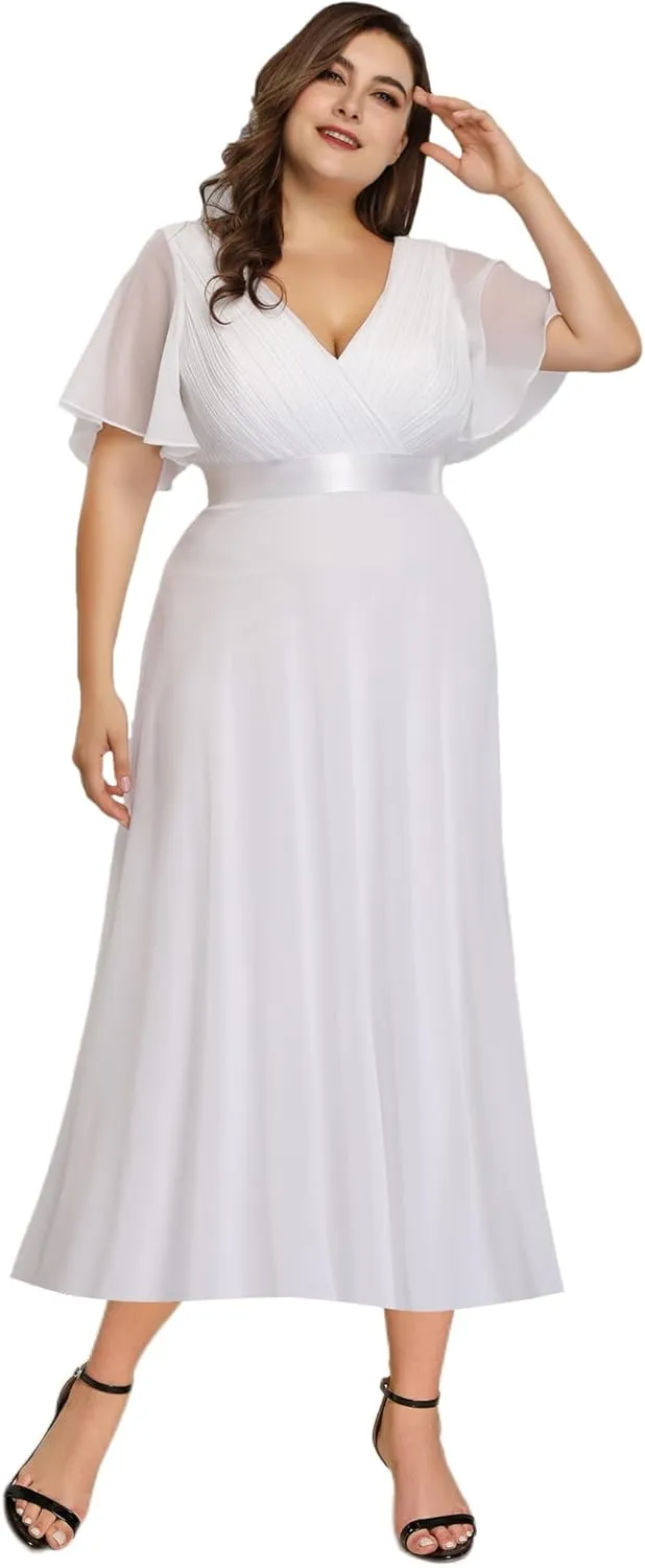 Ever-Pretty Plus Women's Summer V Neck Short Sleeves Formal Chiffon Pleated A Line Plus Size Midi Wedding Guest Dresses