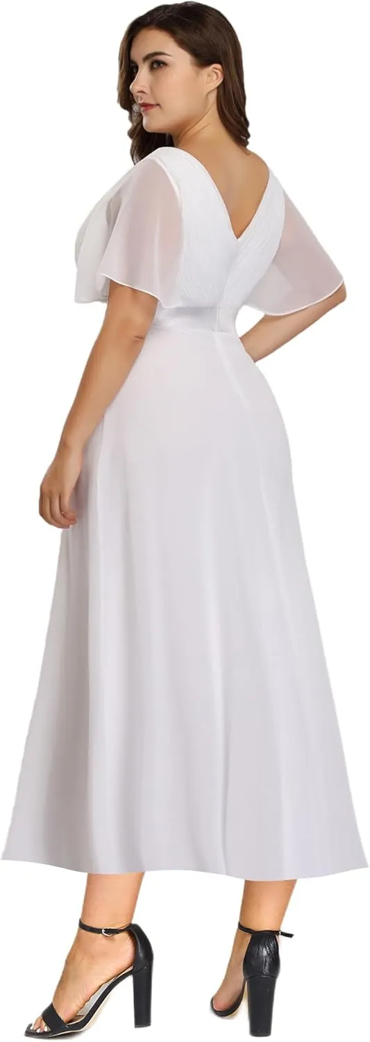 Ever-Pretty Plus Women's Summer V Neck Short Sleeves Formal Chiffon Pleated A Line Plus Size Midi Wedding Guest Dresses