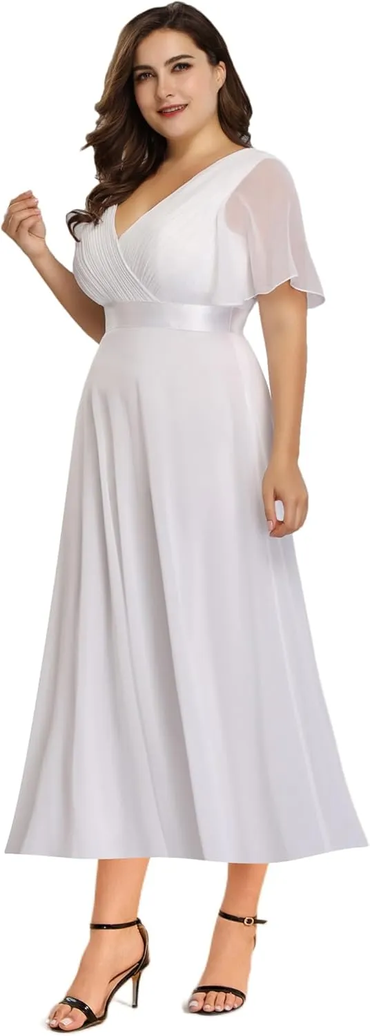 Ever-Pretty Plus Women's Summer V Neck Short Sleeves Formal Chiffon Pleated A Line Plus Size Midi Wedding Guest Dresses