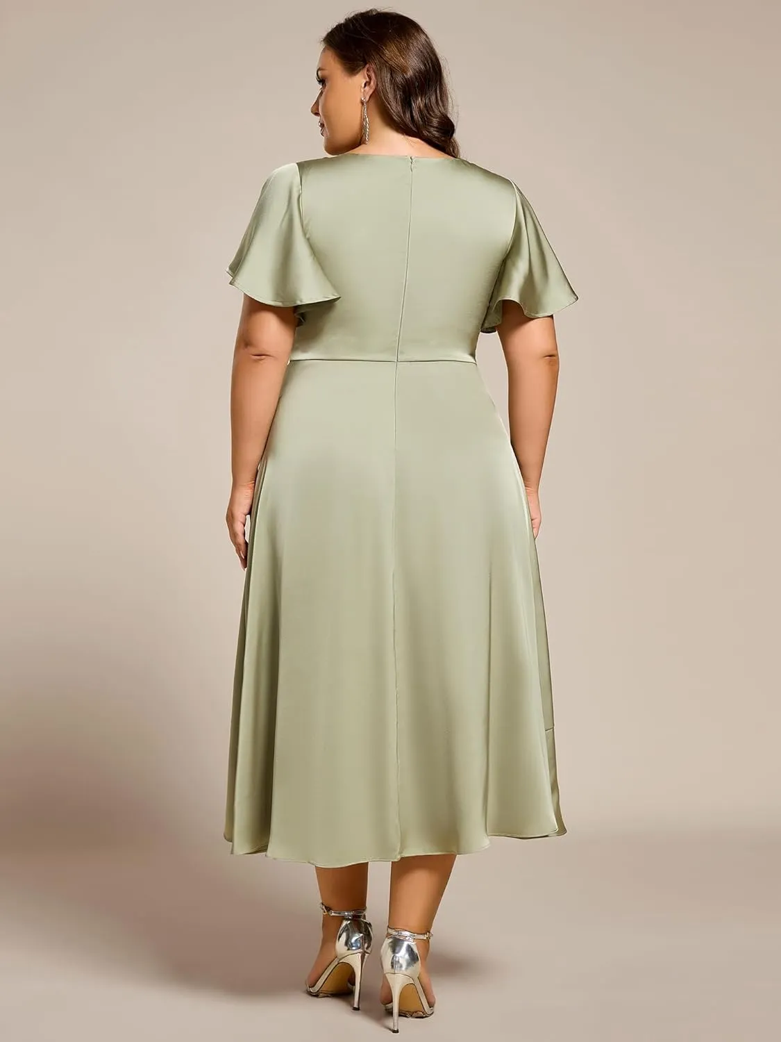 Ever-Pretty Plus Women's V Neck A Line Ruffles Sleeves Satin Midi Plus Size Cocktail Wedding Guest Dresses 02318-DA