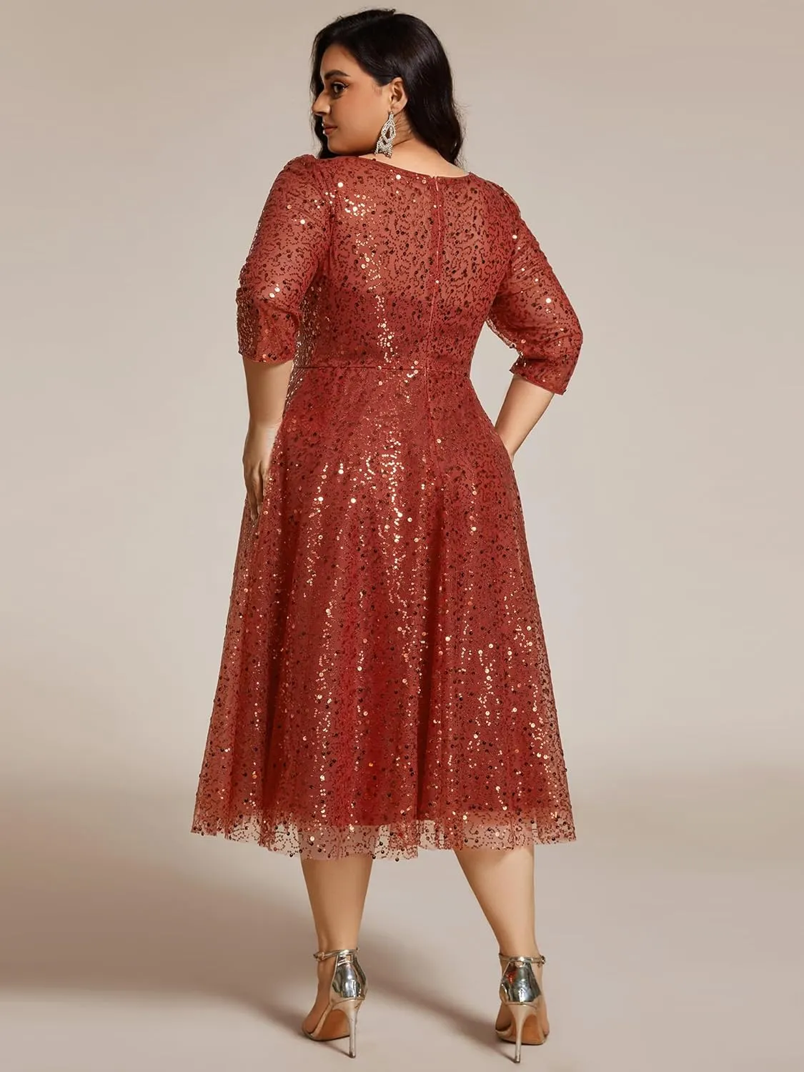 Ever-Pretty Women's 3/4 Sleeves Sequin Empire Waist A Line Plus Size Midi Formal Cocktail Wedding Guest Dresses 02241-DA
