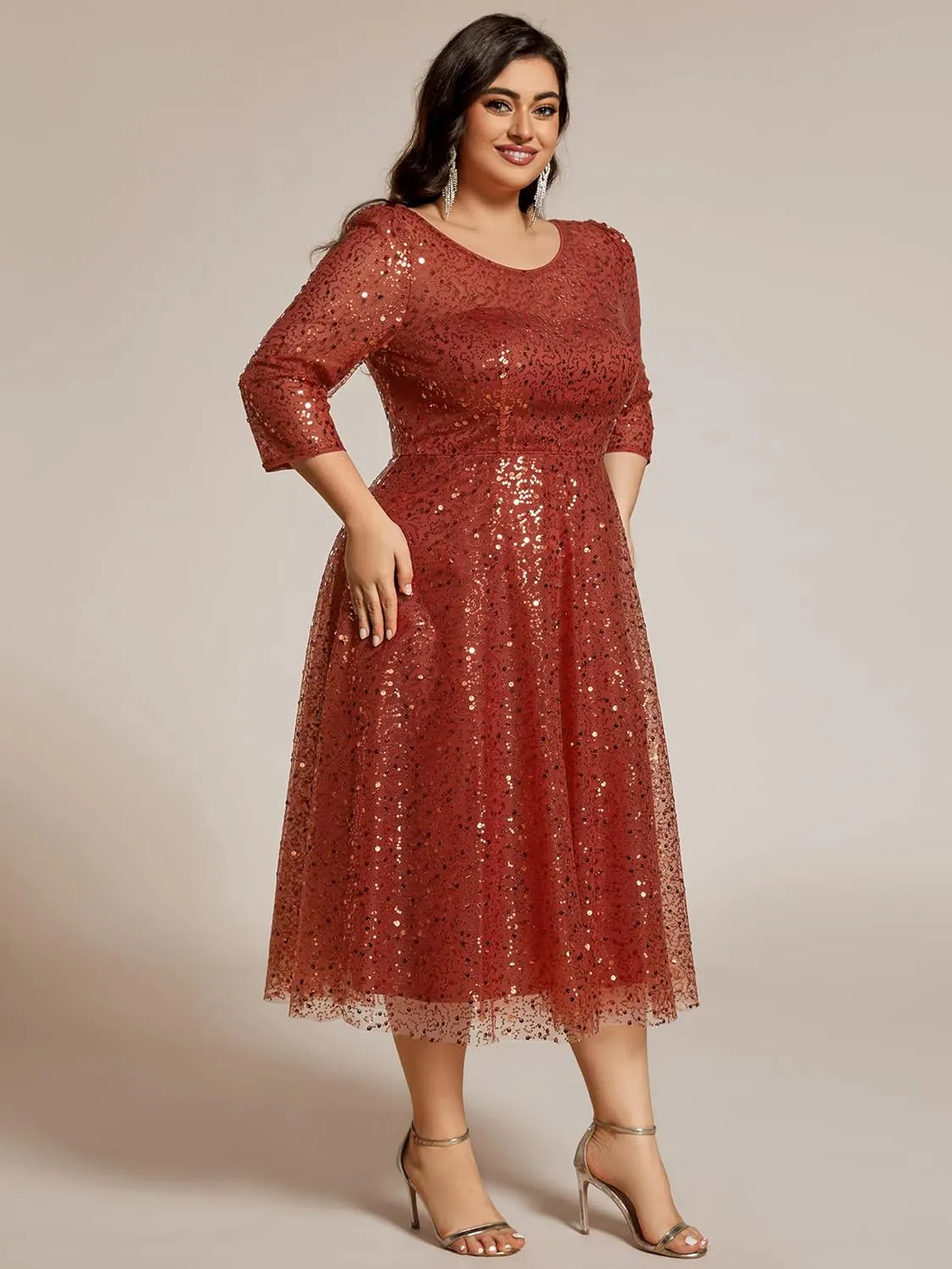Ever-Pretty Women's 3/4 Sleeves Sequin Empire Waist A Line Plus Size Midi Formal Cocktail Wedding Guest Dresses 02241-DA