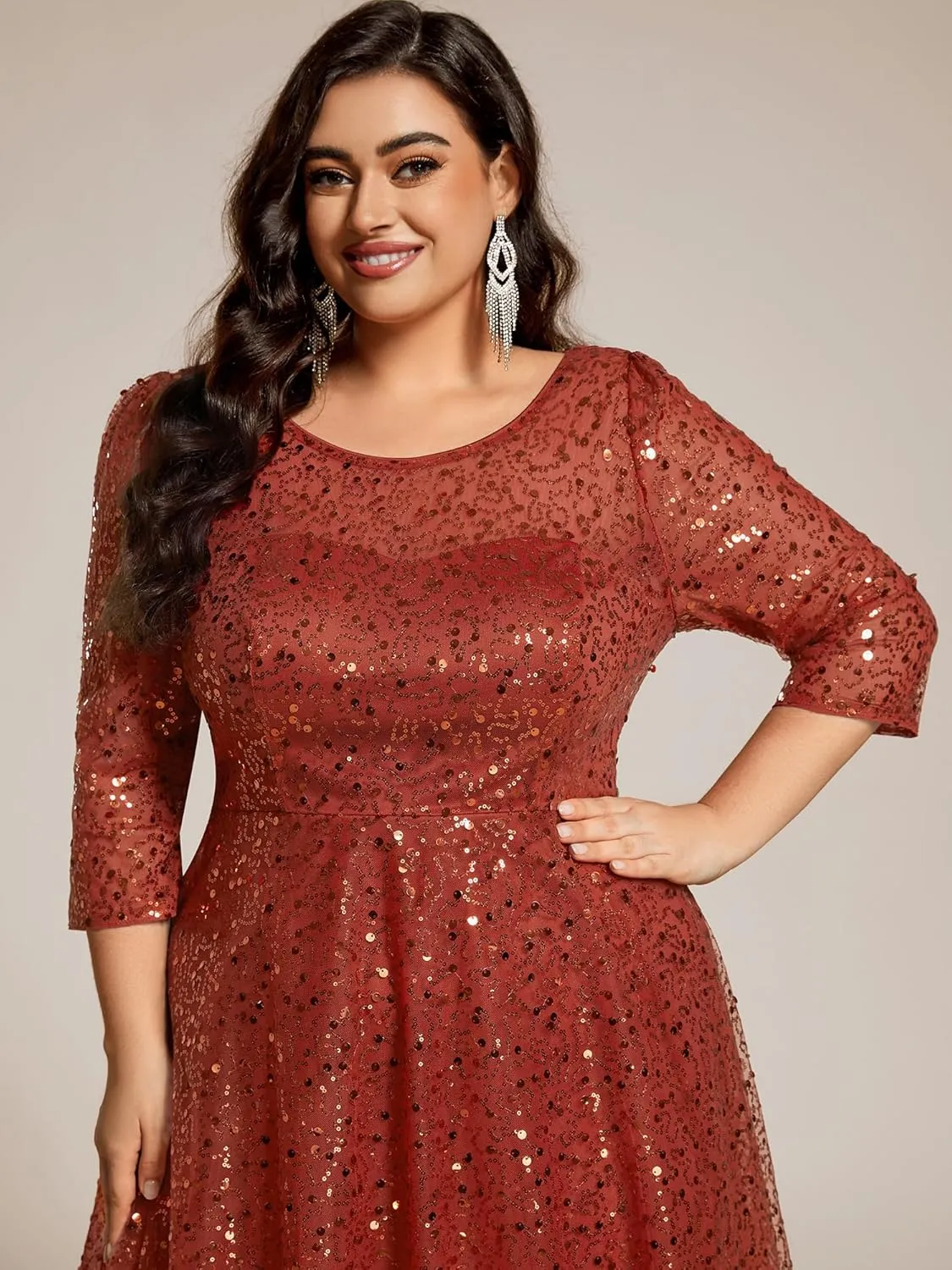 Ever-Pretty Women's 3/4 Sleeves Sequin Empire Waist A Line Plus Size Midi Formal Cocktail Wedding Guest Dresses 02241-DA