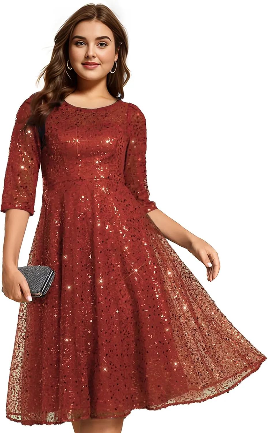 Ever-Pretty Women's 3/4 Sleeves Sequin Empire Waist A Line Plus Size Midi Formal Cocktail Wedding Guest Dresses 02241-DA