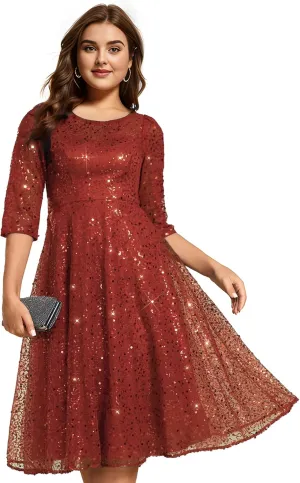 Ever-Pretty Women's 3/4 Sleeves Sequin Empire Waist A Line Plus Size Midi Formal Cocktail Wedding Guest Dresses 02241-DA