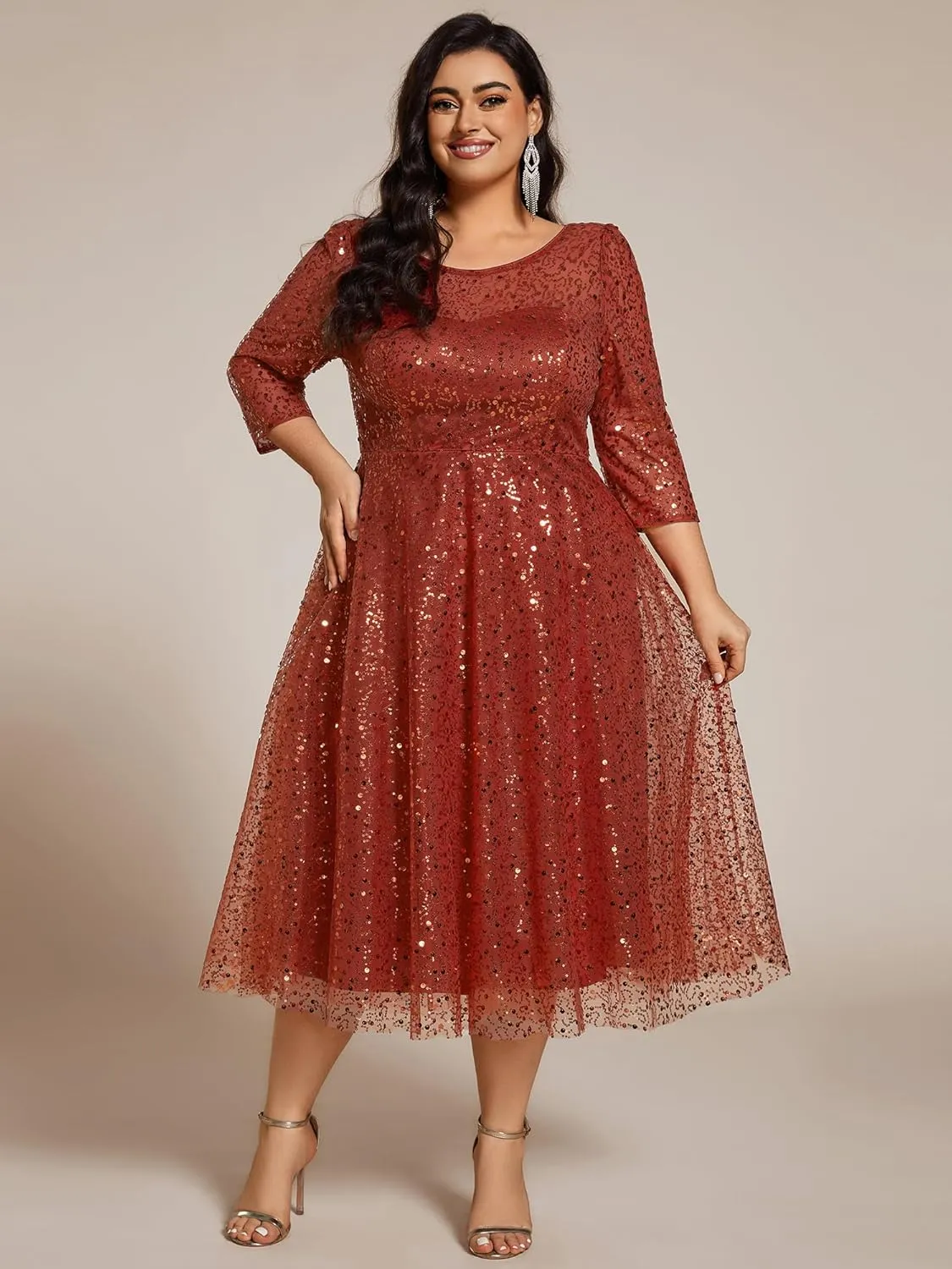 Ever-Pretty Women's 3/4 Sleeves Sequin Empire Waist A Line Plus Size Midi Formal Cocktail Wedding Guest Dresses 02241-DA