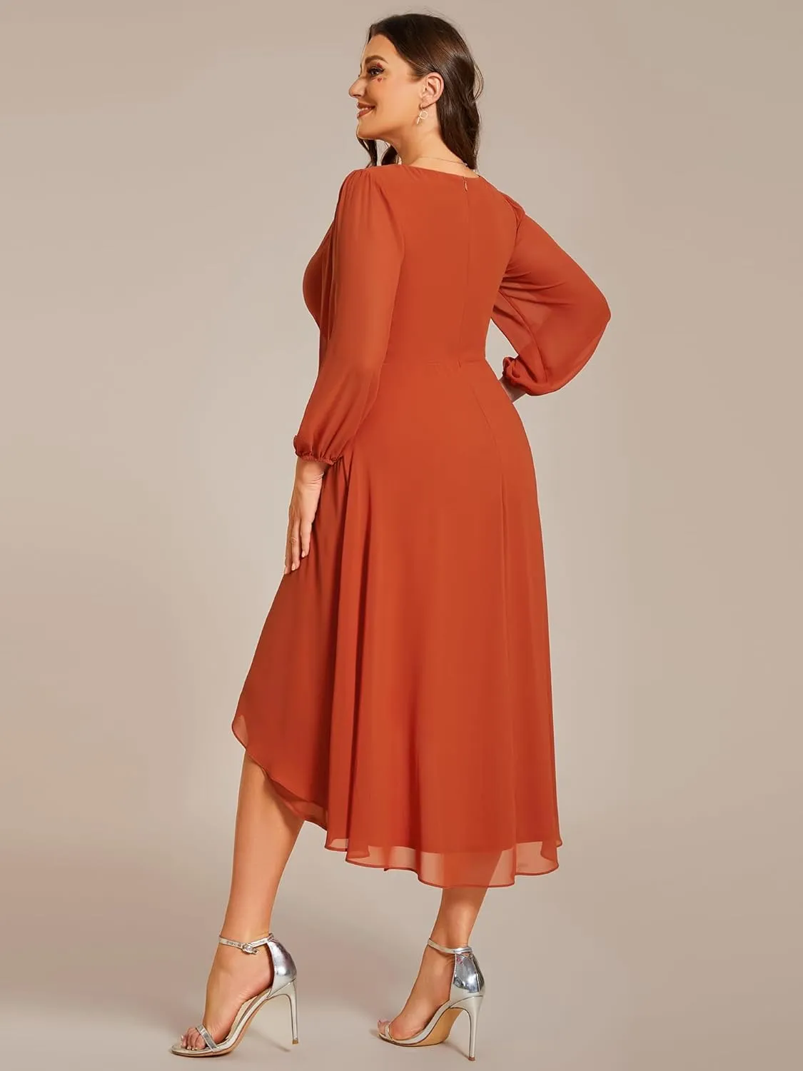Ever-Pretty Women's A Line Pleated V Neck Chiffon 3/4 Sleeves Midi Plus Size Wedding Guest Dresses 01926-DA