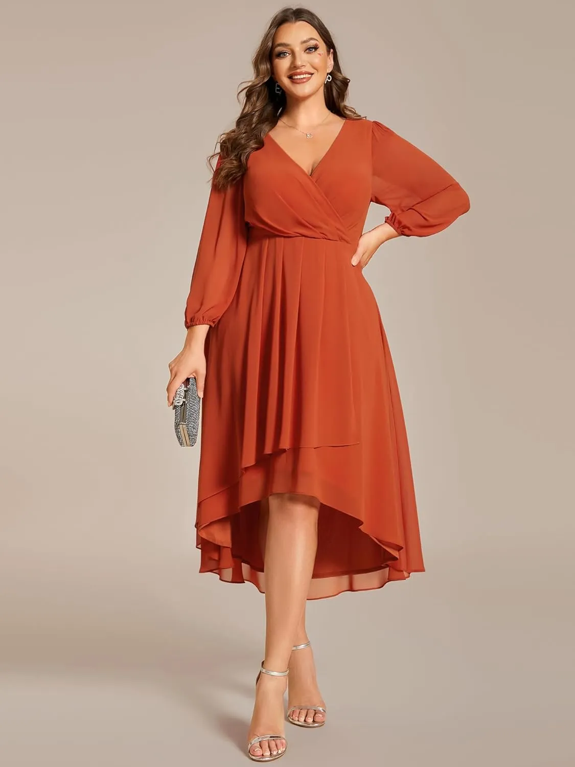 Ever-Pretty Women's A Line Pleated V Neck Chiffon 3/4 Sleeves Midi Plus Size Wedding Guest Dresses 01926-DA