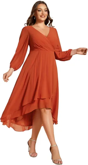 Ever-Pretty Women's A Line Pleated V Neck Chiffon 3/4 Sleeves Midi Plus Size Wedding Guest Dresses 01926-DA