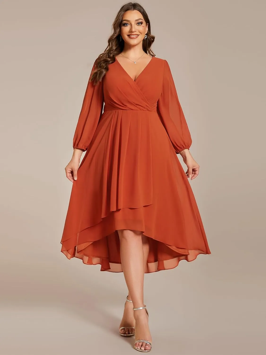 Ever-Pretty Women's A Line Pleated V Neck Chiffon 3/4 Sleeves Midi Plus Size Wedding Guest Dresses 01926-DA