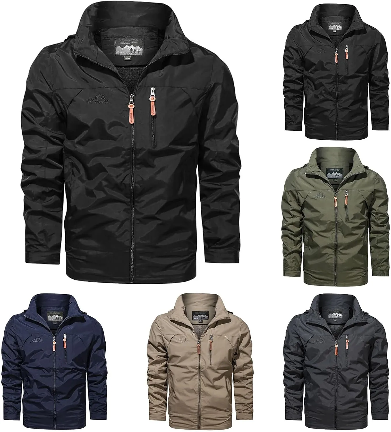 evzosrz Men's Lightweight Rain Jackets with Detachable Hood Windbreaker Outdoor Hiking Fishing Activewear Zip Cargo Coats