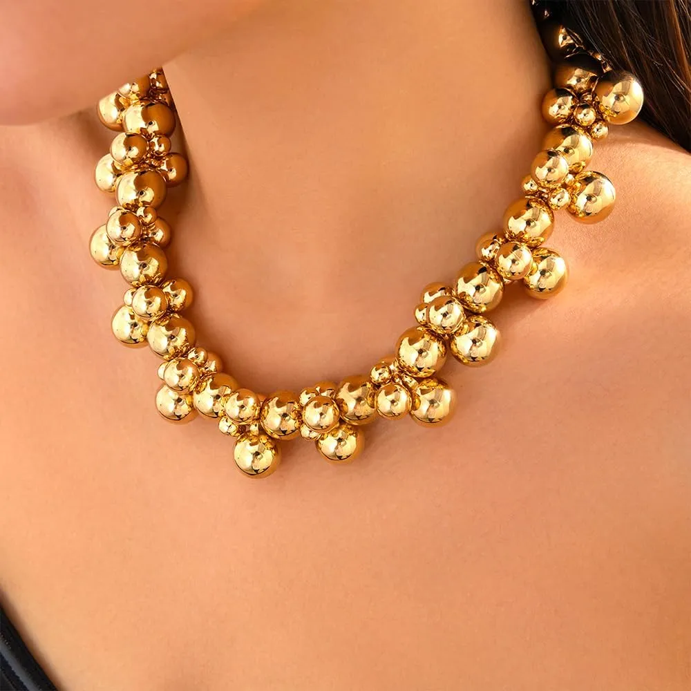 Exaggerated Punk Gold Big Ball Necklaces for Women Chunky Round Beaded Choker Necklaces Adjustable Beads Necklaces Daily Wear Jewelry Accessories