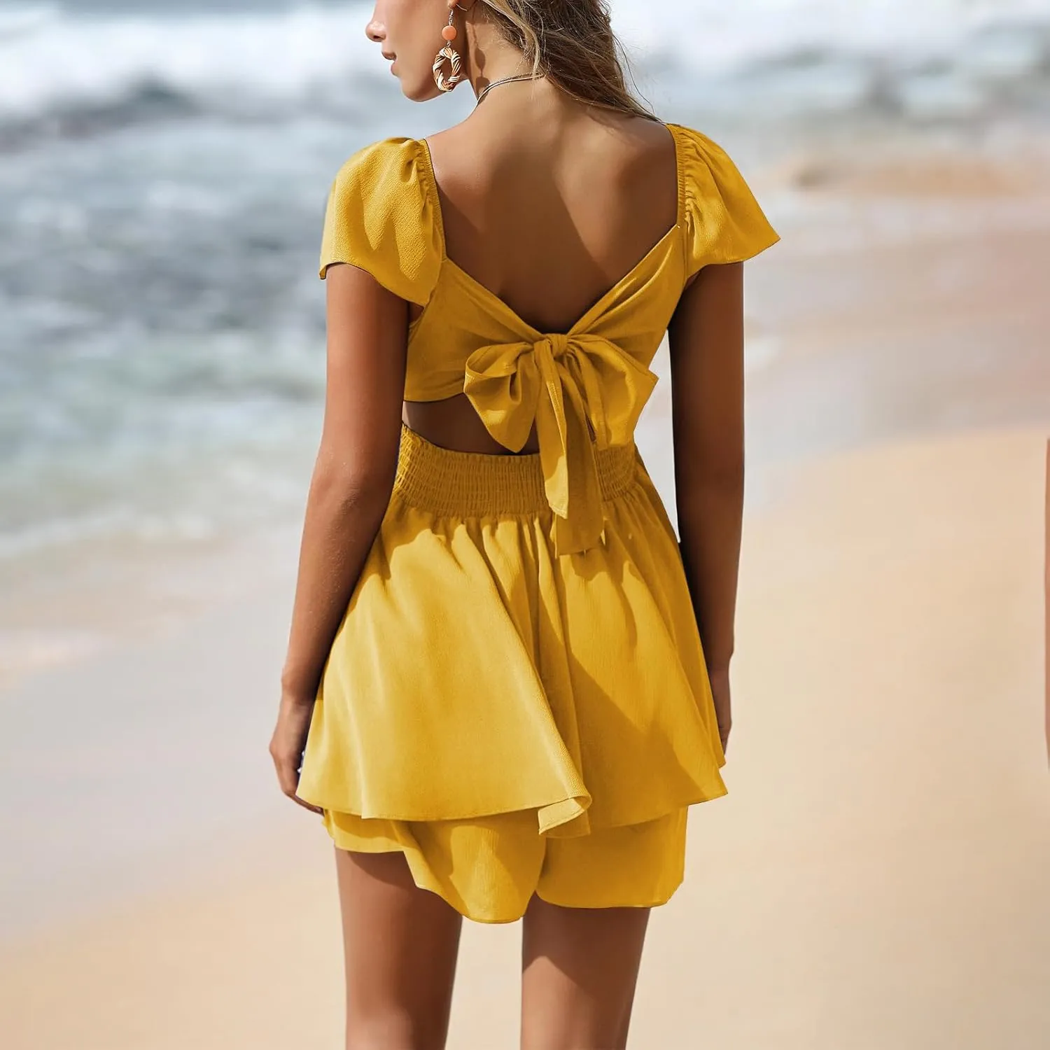 EXLURA Women's 2025 Summer Ruffle Short Sleeve Tie Back Romper Dress Square Neck A Line Cute Dressy Short Jumpsuits