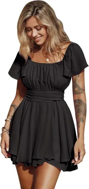 EXLURA Women's 2025 Summer Ruffle Short Sleeve Tie Back Romper Dress Square Neck A Line Cute Dressy Short Jumpsuits