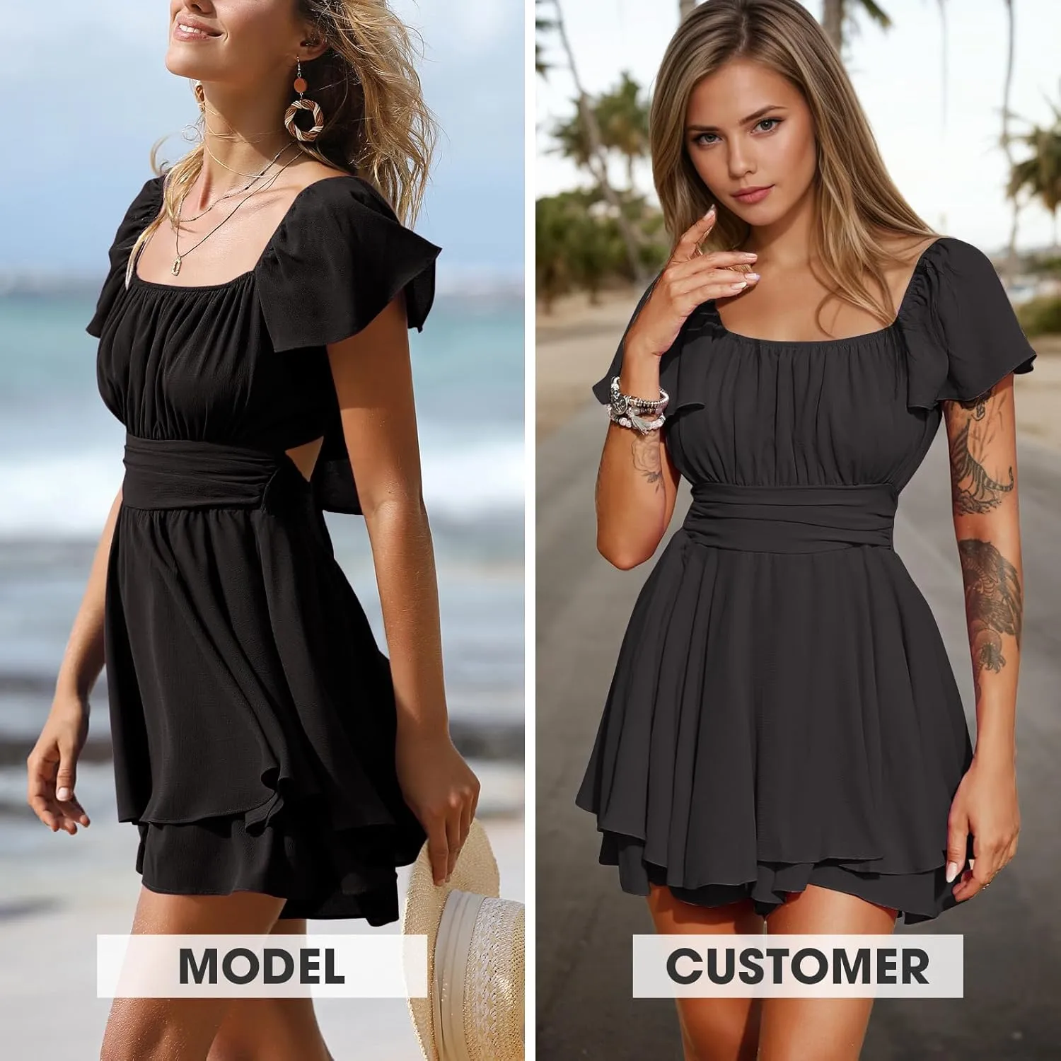 EXLURA Women's 2025 Summer Ruffle Short Sleeve Tie Back Romper Dress Square Neck A Line Cute Dressy Short Jumpsuits