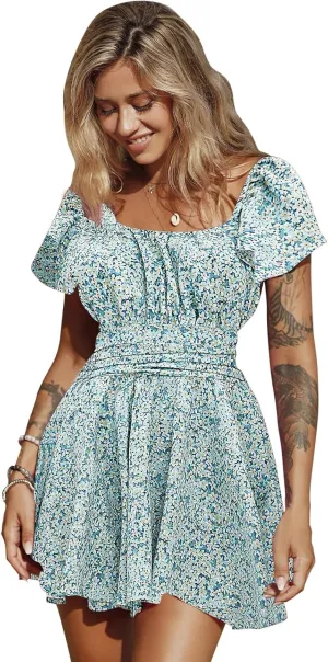 EXLURA Women's 2025 Summer Ruffle Short Sleeve Tie Back Romper Dress Square Neck A Line Cute Dressy Short Jumpsuits