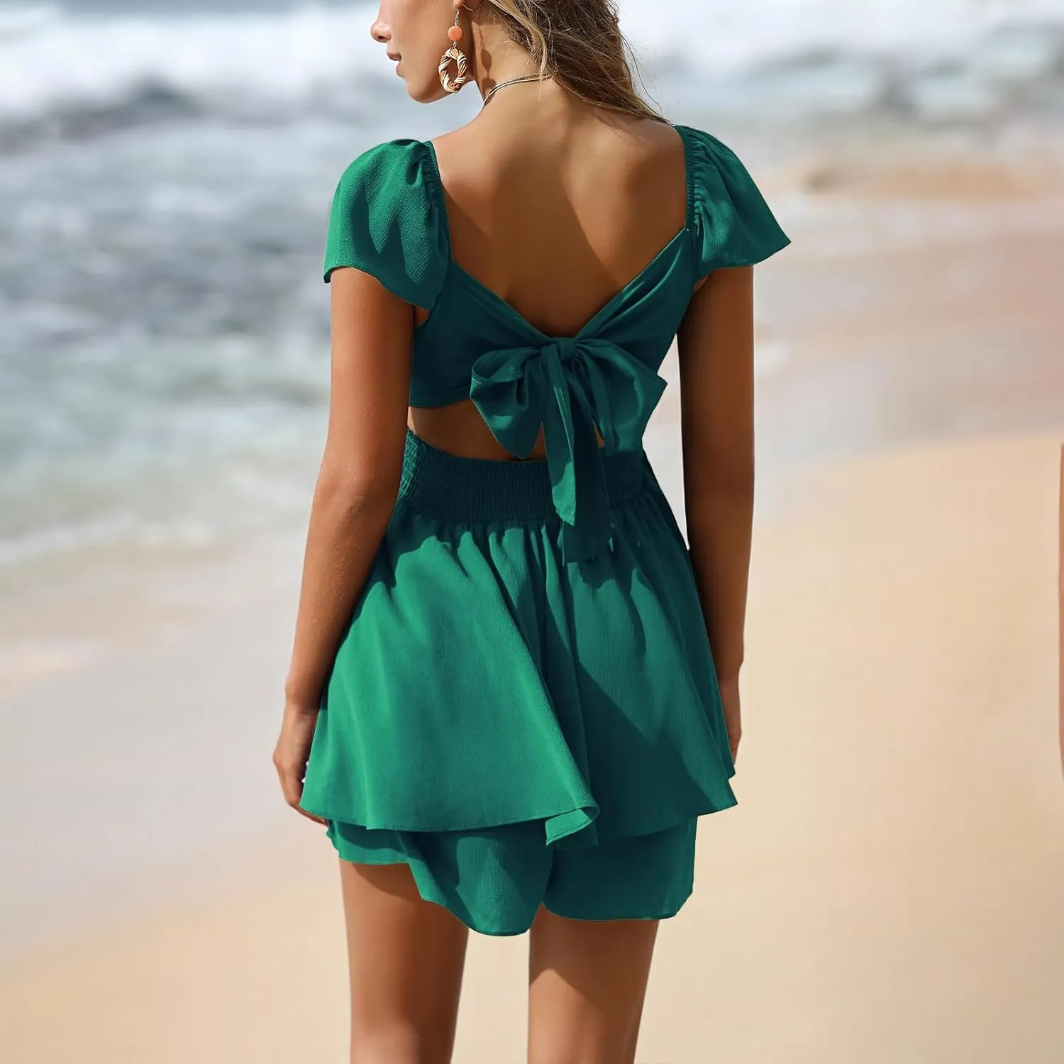 EXLURA Women's 2025 Summer Ruffle Short Sleeve Tie Back Romper Dress Square Neck A Line Cute Dressy Short Jumpsuits