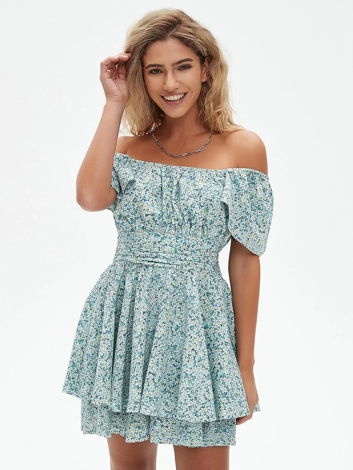 EXLURA Women's 2025 Summer Ruffle Short Sleeve Tie Back Romper Dress Square Neck A Line Cute Dressy Short Jumpsuits