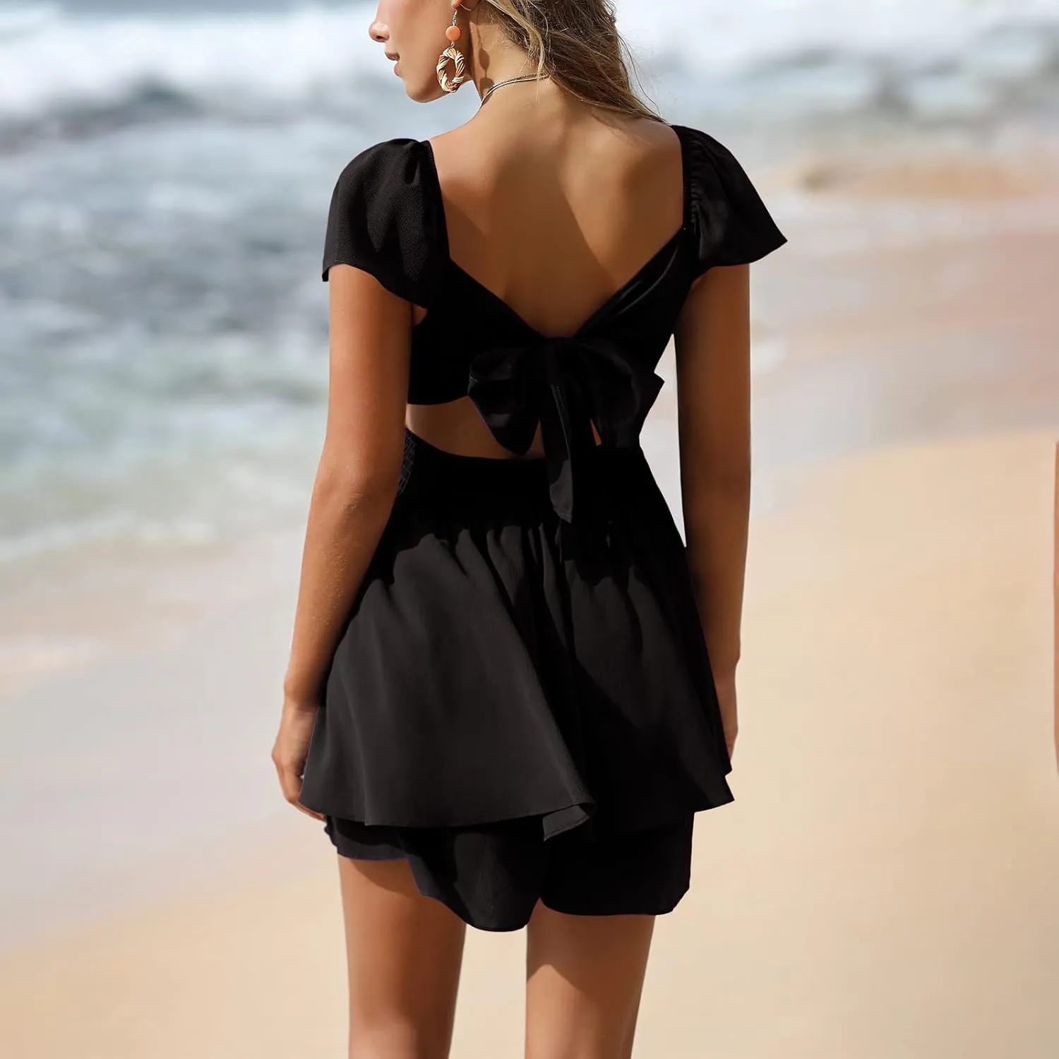 EXLURA Women's 2025 Summer Ruffle Short Sleeve Tie Back Romper Dress Square Neck A Line Cute Dressy Short Jumpsuits