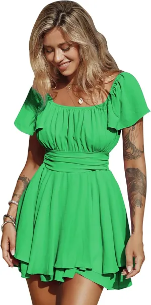 EXLURA Women's 2025 Summer Ruffle Short Sleeve Tie Back Romper Dress Square Neck A Line Cute Dressy Short Jumpsuits