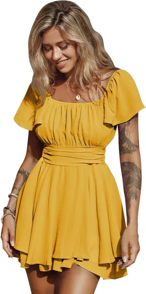 EXLURA Women's 2025 Summer Ruffle Short Sleeve Tie Back Romper Dress Square Neck A Line Cute Dressy Short Jumpsuits