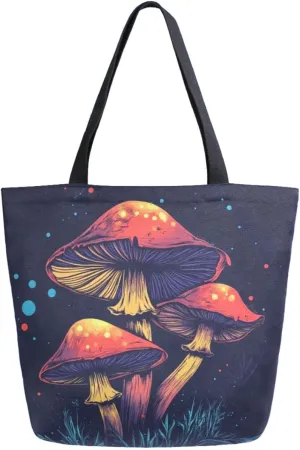Extra Large Shoulder Gym Tote Bag, Magic Three Mushroom Black Canvas Handle Bag for Yoga Weekender Picnic Beach Travel Kitchen Reusable Market Grocery Shopping