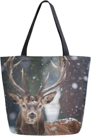 Extra Large Shoulder Gym Tote Bag, Severe Winter in Snow Deer Canvas Handle Bag for Yoga Weekender Picnic Beach Travel Kitchen Reusable Market Grocery Shopping