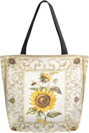 Extra Large Shoulder Gym Tote Bag, Vintage Sunflowers Bee Ethnic Canvas Handle Bag for Yoga Weekender Picnic Beach Travel Kitchen Reusable Market Grocery Shopping