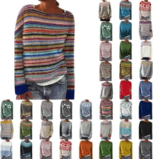 Fair Isle Sweater Women Plus Size Vintage Long Sleeve Crewneck Sweater Retro Fair Isle Knit Pullover Sweater Tops S-5XL