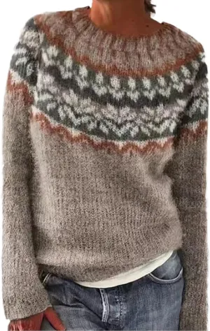 Fair Isle Sweater Women Plus Size Vintage Long Sleeve Crewneck Sweater Retro Fair Isle Knit Pullover Sweater Tops S-5XL