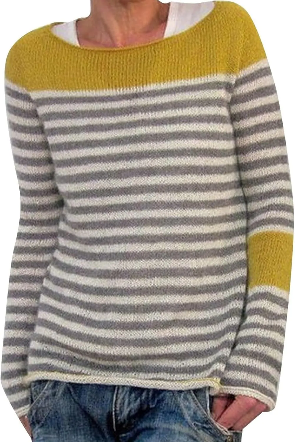 Fair Isle Sweater Women Plus Size Vintage Long Sleeve Crewneck Sweater Retro Fair Isle Knit Pullover Sweater Tops S-5XL