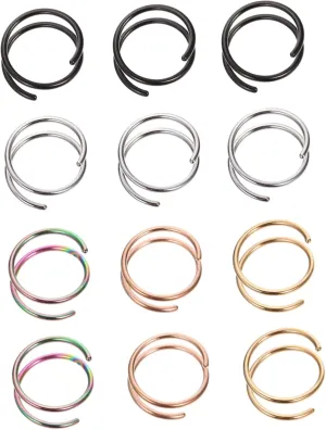 Fake Nose Rings Set 12pcs Spiral Nose Hoop Jewelry Easy Adjustment for Piercing