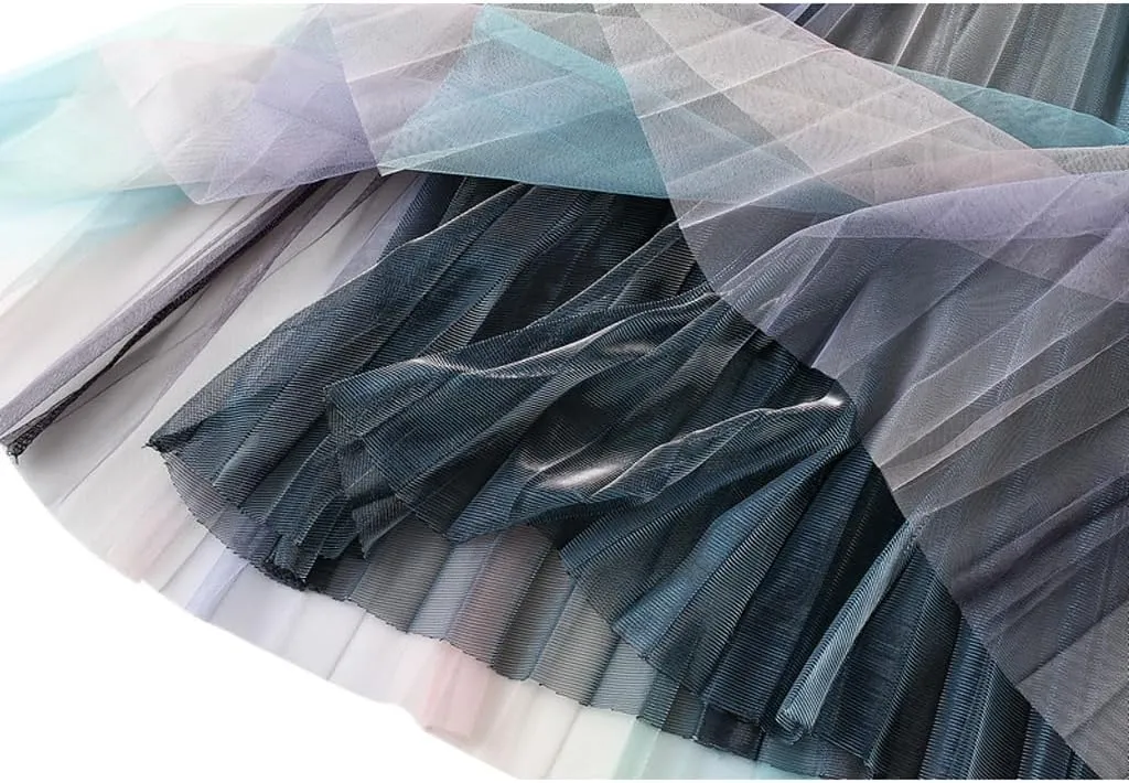 Falda Women's Gradient Color A Line Tulle Tutu Skirt High Waist Rainbow Pleated Mesh Swing Midi Fairy Skirt Casual