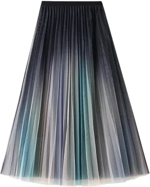 Falda Women's Gradient Color A Line Tulle Tutu Skirt High Waist Rainbow Pleated Mesh Swing Midi Fairy Skirt Casual