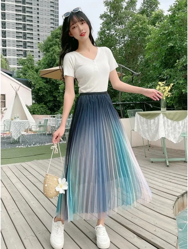Falda Women's Gradient Color A Line Tulle Tutu Skirt High Waist Rainbow Pleated Mesh Swing Midi Fairy Skirt Casual