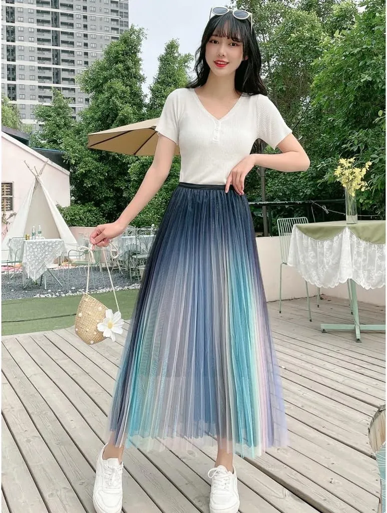 Falda Women's Gradient Color A Line Tulle Tutu Skirt High Waist Rainbow Pleated Mesh Swing Midi Fairy Skirt Casual
